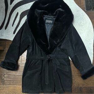 Vintage Wilson’s Leather Black Suede Fur Hooded Coat with Belt